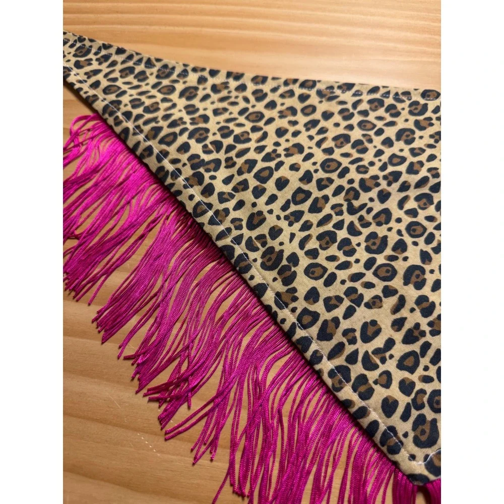 Honky Tonk Hottie Leopard Fringe Dog Bandana Pink Western Handmade Pet Accessory